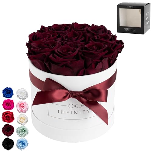 Infinity Flowerbox - 9 echte Premiumrosen in Dunkelrot - 3 Jahre haltbar ohne gießen | In Geschenkverpackung mit Satinschleife Infinity Flowerbox - 9 echte Premiumrosen in Dunkelrot - 3 Jahre haltbar ohne gießen | In Geschenkverpackung mit Satinschleife von Infinity Flowerbox
