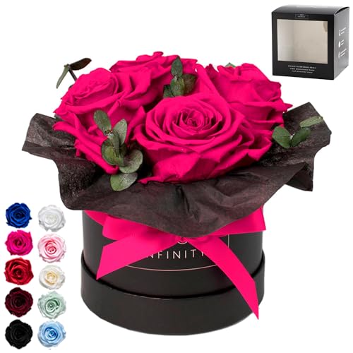 Infinity Flowerbox - Eucalyptus Bouquet Hot Pink - Konservierte Rose in Geschenkbox, blüht 3 Jahre ohne Wasser, Small von Infinity Flowerbox