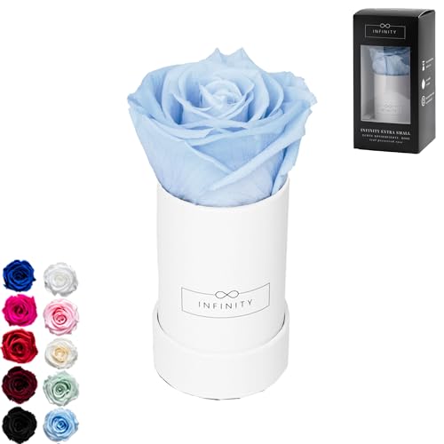 Infinity Flowerbox - 1 echte Infinity Rosen (3 Jahre haltbar ohne Wasser) - Direkt mit Geschenkverpackung geliefert I Handgefertigt in Berlin I Geschenk für Frauen (Blaue Rose in weißer Box) von Infinity Flowerbox