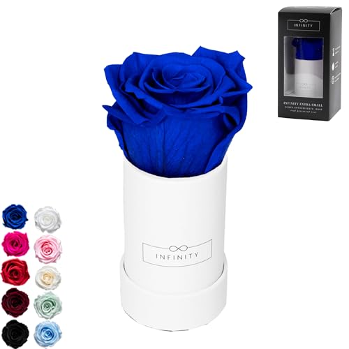 Infinity Flowerbox - 1 echte Infinity Rosen (3 Jahre haltbar ohne Wasser) - Direkt mit Geschenkverpackung geliefert I Handgefertigt in Berlin I Geschenk für Frauen (Blaue Rose in weißer Box) von Infinity Flowerbox