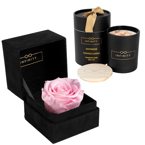 Infinity Flowerbox - Geschenkset Velvet Candle - 1 Infinity Rose mit Duftkerze im Set - 3 Jahre haltbare Rose & Cranberry Rose Duftkerze - Direkt als Geschenk verpackt von Infinity Flowerbox