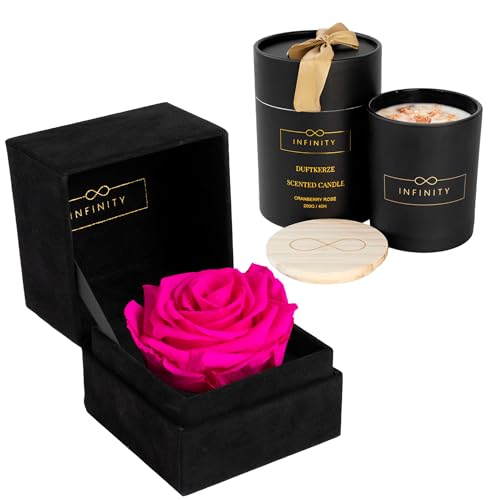 Infinity Flowerbox - Geschenkset Velvet Candle - 1 Infinity Rose mit Duftkerze im Set - 3 Jahre haltbare Rose & Cranberry Rose Duftkerze - Direkt als Geschenk verpackt von Infinity Flowerbox