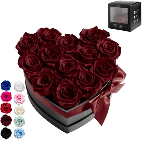 Infinity Flowerbox Large Herz - 13 echte Premiumrosen in Dunkelrot - 3 Jahre haltbar ohne gießen | In Geschenkverpackung mit Satinschleife von Infinity Flowerbox