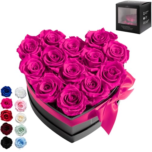 Infinity Flowerbox Large Herz - 13 echte Premiumrosen in Hot Pink - 3 Jahre haltbar ohne gießen | In Geschenkverpackung mit Satinschleife von Infinity Flowerbox