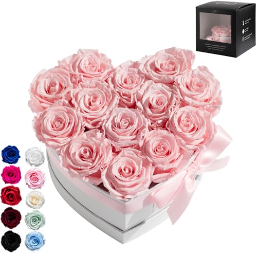 Infinity Flowerbox Large Herz - 13 echte Premiumrosen in Rosa - 3 Jahre haltbar ohne gießen | In Geschenkverpackung mit Satinschleife von Infinity Flowerbox