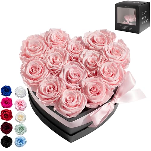 Infinity Flowerbox Large Herz - 13 echte Premiumrosen in Rosa - 3 Jahre haltbar ohne gießen | In Geschenkverpackung mit Satinschleife von Infinity Flowerbox