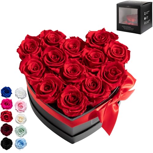 Infinity Flowerbox Large Herz - 13 echte Premiumrosen in Rot - 3 Jahre haltbar ohne gießen | In Geschenkverpackung mit Satinschleife von Infinity Flowerbox