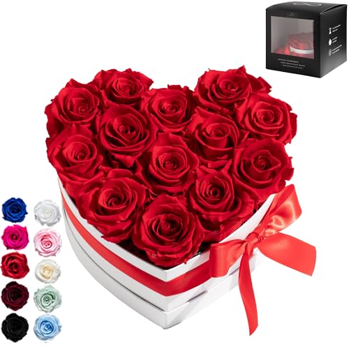 Infinity Flowerbox Large Herz - 13 echte Premiumrosen in Rot - 3 Jahre haltbar ohne gießen | In Geschenkverpackung mit Satinschleife von Infinity Flowerbox