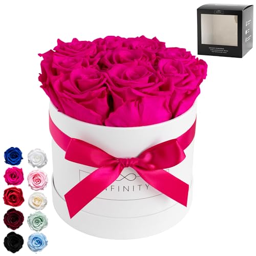 Infinity Flowerbox - 9 echte Infinity Rosen (3 Jahre haltbar ohne Wasser) - Mit Geschenkverpackung geliefert I Handgefertigt in Berlin I Geschenk für Frauen (Pinke Rosen in weißer Rosenbox) von Infinity Flowerbox