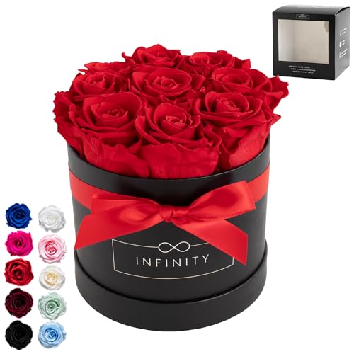 Infinity Flowerbox - 9 echte Infinity Rosen (3 Jahre haltbar ohne Wasser) - Mit Geschenkverpackung geliefert I Handgefertigt in Berlin I Geschenk für Frauen (Rote Rosen in schwarzer Rosenbox) von Infinity Flowerbox