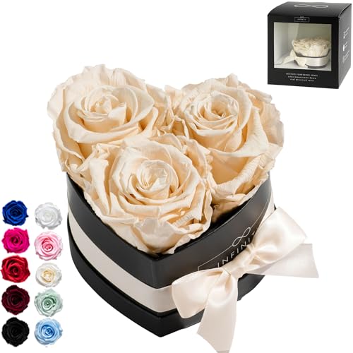 Infinity Flowerbox Small Herz - 3 echte Premiumrosen in Champagne - 3 Jahre haltbar ohne gießen | In Geschenkverpackung mit Satinschleife von Infinity Flowerbox