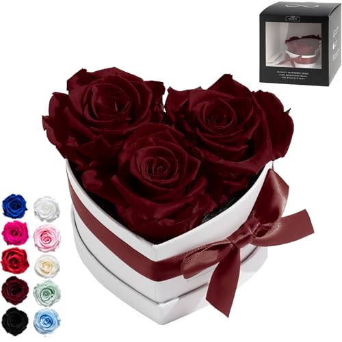 Infinity Flowerbox Small Herz - 3 echte Premiumrosen in Dunkelrot - 3 Jahre haltbar ohne gießen | In Geschenkverpackung mit Satinschleife von Infinity Flowerbox