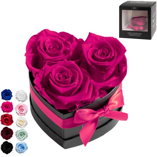 Infinity Flowerbox Small Herz - 3 echte Premiumrosen in Hot Pink - 3 Jahre haltbar ohne gießen | In Geschenkverpackung mit Satinschleife von Infinity Flowerbox