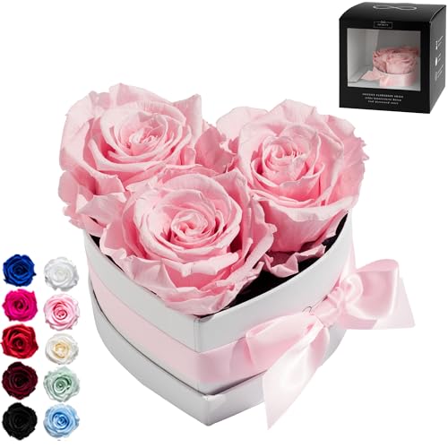 Infinity Flowerbox Small Herz - 3 echte Premiumrosen in Rosa - 3 Jahre haltbar ohne gießen | In Geschenkverpackung mit Satinschleife von Infinity Flowerbox