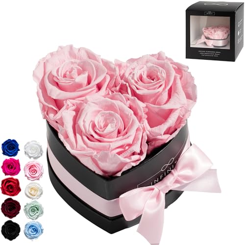 Infinity Flowerbox Small Herz - 3 echte Premiumrosen in Rosa - 3 Jahre haltbar ohne gießen | In Geschenkverpackung mit Satinschleife von Infinity Flowerbox