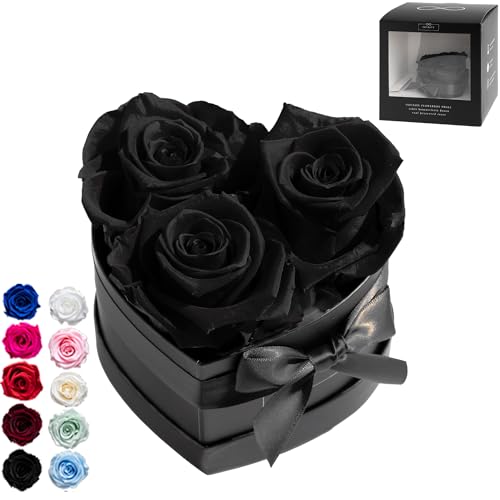 Infinity Flowerbox Small Herz - 3 echte Premiumrosen in Schwarz - 3 Jahre haltbar ohne gießen | In Geschenkverpackung mit Satinschleife von Infinity Flowerbox