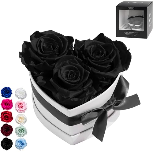 Infinity Flowerbox Small Herz - 3 echte Premiumrosen in Schwarz - 3 Jahre haltbar ohne gießen | In Geschenkverpackung mit Satinschleife von Infinity Flowerbox