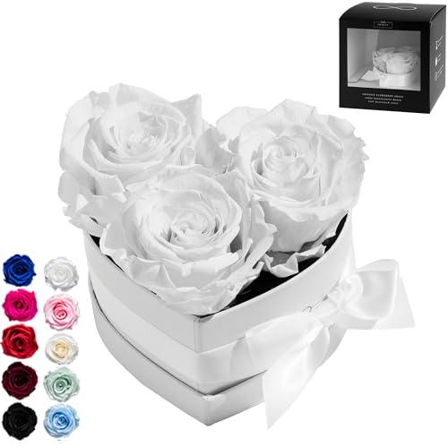 Infinity Flowerbox Small Herz - 3 echte Premiumrosen in Weiß - 3 Jahre haltbar ohne gießen | In Geschenkverpackung mit Satinschleife von Infinity Flowerbox