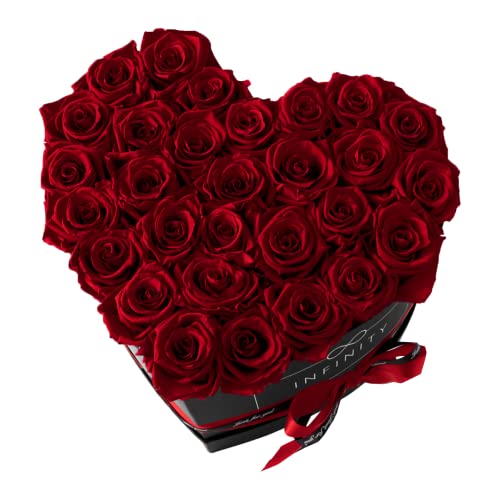 Infinity Flowerbox XXL Herz - 29 echte Premiumrosen in Dunkelrot - 3 Jahre haltbar ohne gießen | In Geschenkverpackung mit Satinschleife von Infinity Flowerbox