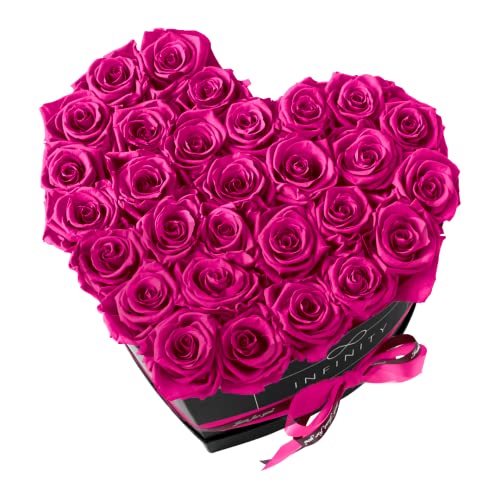 Infinity Flowerbox XXL Herz - 29 echte Premiumrosen in Hot Pink - 3 Jahre haltbar ohne gießen | In Geschenkverpackung mit Satinschleife von Infinity Flowerbox