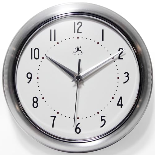 Infinity Instruments LTD. Retro 22,9 cm Silent Sweep Nicht tickend Mitte Jahrhundert Moderne Küche Diner Wanduhr Quarzwerk Retro Wanduhr Dekorative (Silber) von Infinity Instruments