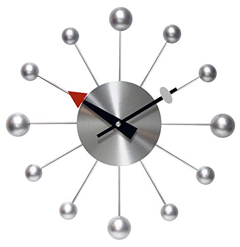 Infinity Instruments Orb Spoke Midcentury Moderne 38,1 cm Retro Starburst Ball Wanduhr leise Quarzwerk Mitte Jahrhundert modern dekorativ (Silber) von Infinity Instruments