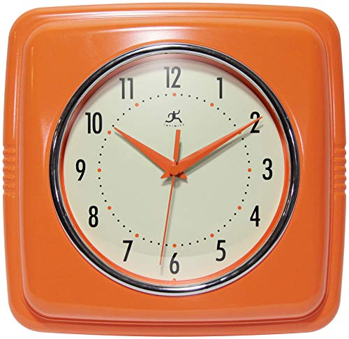 Infinity Instruments Quadratische, stille Retro-Wanduhr, 22,9 cm, Mitte des Jahrhunderts, Moderne Küche, Esszimmer, Retro-Wanduhr, Quarz-Uhrwerk (orange) von Infinity Instruments