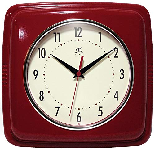 Infinity Instruments, quadratische, stille Retro-Wanduhr, 22,9 cm, Mitte des Jahrhunderts, Moderne Küche, Esszimmer, Retro-Wanduhr, Quarz-Uhrwerk, (Rot) von Infinity Instruments