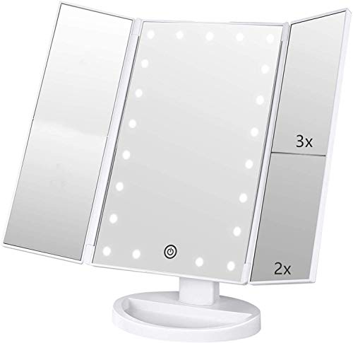 Infitrans Spiegel mit Licht, Tischspiegel mit Touchscreen, dreifach gefaltet, 1x / 2x / 3x Vergrößerung und USB-Ladegerät oder kabellos, LED-Licht um 180 ° verstellbar für die Reisesitzbank (weiß) von Infitrans