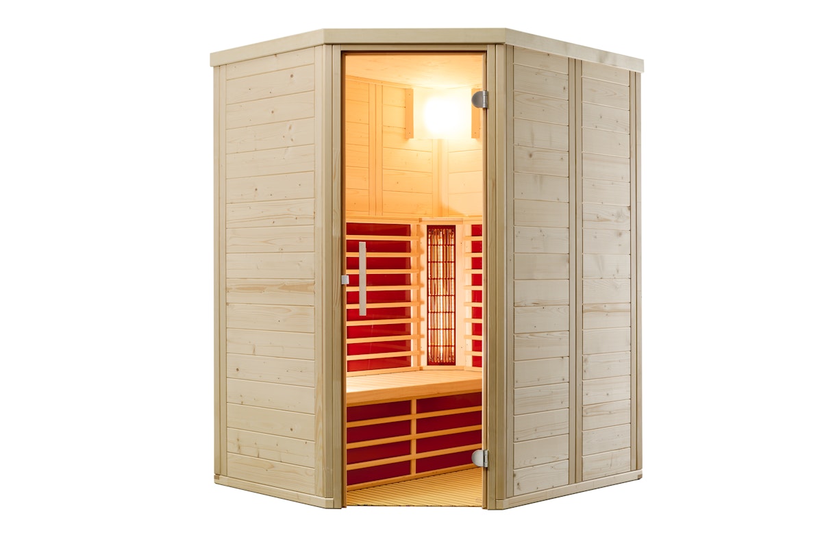 Infraworld Infrarotkabine Vario Natura 148 Ecke - Eckeinstieg links inkl. 5-teiligem gratis Zubehörset von Infraworld