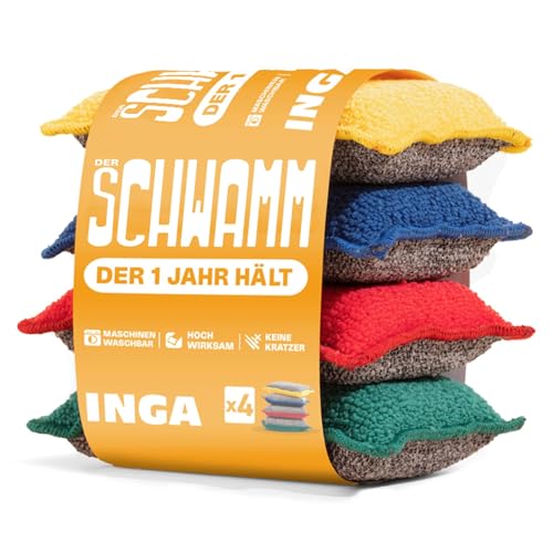 INGA - 4 x Wiederverwendbare, waschbare Schwämme - Hochwirksam, kratzfrei - Doppelseitig - Wechselt zu einem waschbaren Schwamm, der EIN Jahr lang hält von Inga