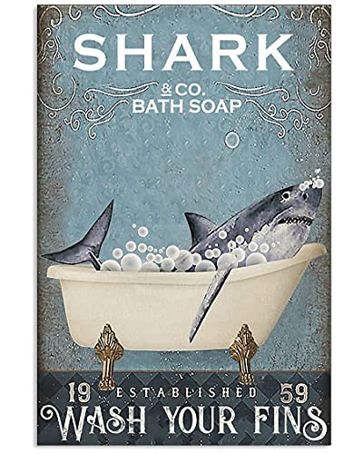 Inga Shark and co Bath Soap Wash Your Fins Metall-Blechschild Geburtstagsgeschenk 20,3 x 30,5 cm von Inga