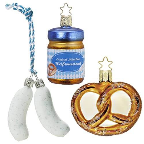 Christbaumschmuck Weihnachtskugeln Set | Weißwurst Geschenkset Bayern | Made in Germany | Handbemalt und mundgeblasen (Weißwurst Brezel & Senf) von Inge-glas