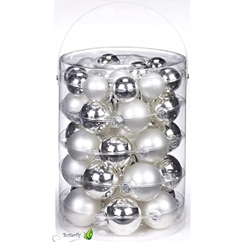44 TLG. Christbaumkugeln Glas 4,5,6cm Set (Silber Glanz/weiß matt) // Weihnachtskugeln Christbaumschmuck Baumkugeln Baumschmuck Weihnachtsdeko Kugeln Glaskugeln Dose von Inge-glas