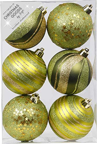 6 Christbaumkugeln 8cm Motive Ornament Dekor Kunststoff bruchfest Dekokugeln Weihnachtskugeln Baumkugeln Baumschmuck Set Christbaumschmuck Weihnachtsschmuck 80mm Olive Green-Mix - olivgrün von Inge-glas