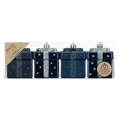 Christbaumschmuck Geschenkbox 6cm Kunststoff 4er Set - bruchsicher & mit Glitzer - Kleine Christbaumkugeln für Weihnachtsbaum - Weihnachtsbaumkugeln & Weihnachtsbaumschmuck Blau - Night Blue von Inge-glas