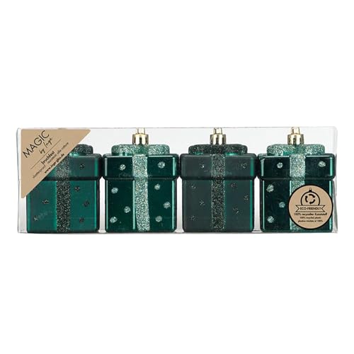Christbaumschmuck Geschenkbox 6cm Kunststoff 4er Set - bruchsicher & mit Glitzer - Kleine Christbaumkugeln für Weihnachtsbaum - Weihnachtsbaumkugeln & Weihnachtsbaumschmuck Grün - Noble Green von Inge-glas
