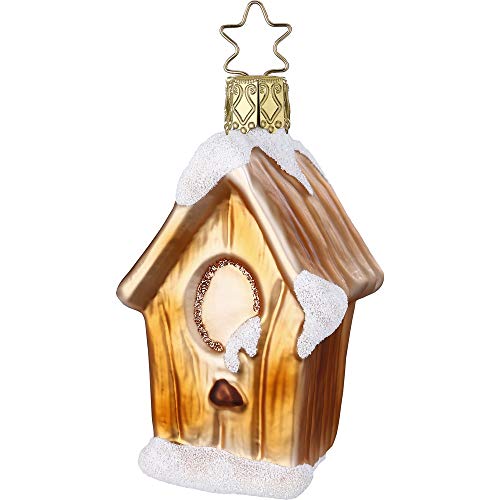 Christbaumschmuck Glas 8cm Vogelhaus Schnee mundgeblasen handbemalt Weihnachtskugeln Wald hellbraun / Inge-glas Haus und Hof Vogelhäuschen von Inge-glas