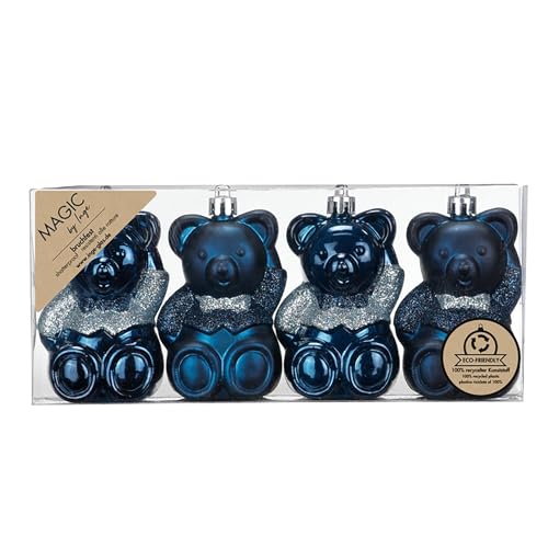 Christbaumschmuck Teddybären 8cm Kunststoff 4er Set - bruchsicher & mit Glitzer - Christbaumkugeln für Weihnachtsbaum - Weihnachtsbaumkugeln & Weihnachtsbaumschmuck Dunkelblau - Night Blue von Inge-glas