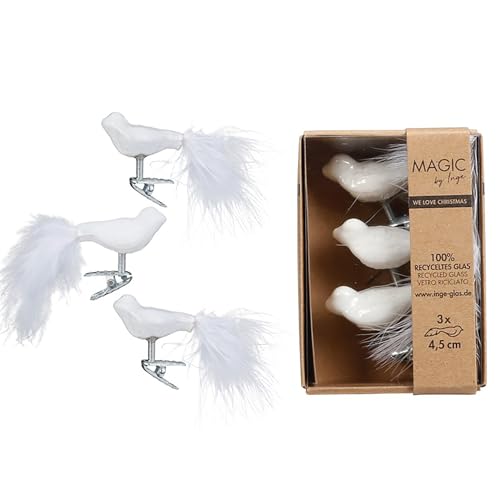 Christbaumschmuck Vögel auf Clip 4,5cm Glas 3er Set - Kleine Christbaumkugeln für Weihnachtsbaum - Weihnachtsbaumkugeln & Weihnachtsbaumschmuck zu Weihnachten - Pure White von Inge-glas