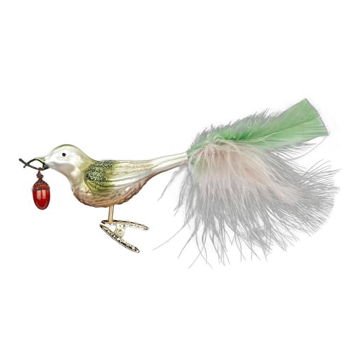 Christbaumschmuck Vogel mit Federn auf Clip 10,5cm - Glas Figur für den Weihnachtsbaum - mundgeblasen & handbemalt - Weihnachtsbaumschmuck Glasvogel - Dekovogel auf Klammer Hellgrün von Inge-glas
