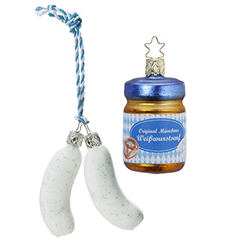Christbaumschmuck Weihnachtskugeln Set | Weißwurst Geschenkset Bayern | Made in Germany | Handbemalt und mundgeblasen (Weißwurst & Senf) von Inge-glas