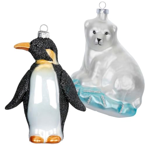 Inge Glas Magic Christbaumschmuck Geschenkset | Weihnachtskugel Pinguin & Eisbär | Christbaumkugel Weihnachtsbaumfigur Figur von Inge-glas