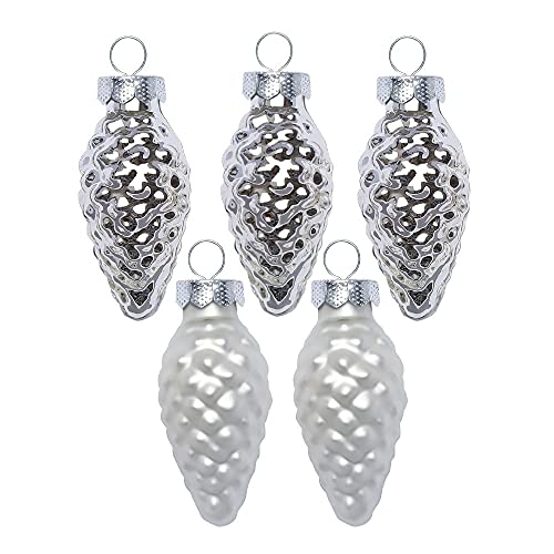 Inge Glas Magic Mini Weihnachtskugeln Zapfen 4,5cm 12 Stück Glas in Karton-Box (Frosty Silver | weiß Silber) von Inge-glas