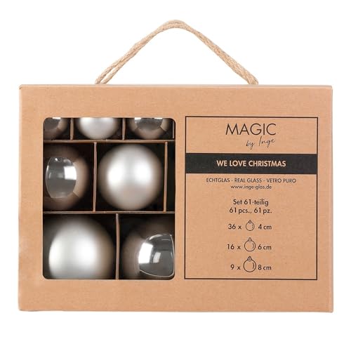 Inge Glas Weihnachtskugeln | Große Kugelbox mit 61 Kugeln | 4cm 6cm & 8cm große Christbaumkugeln (Frosty Silver | Silber weiß) von Inge-glas