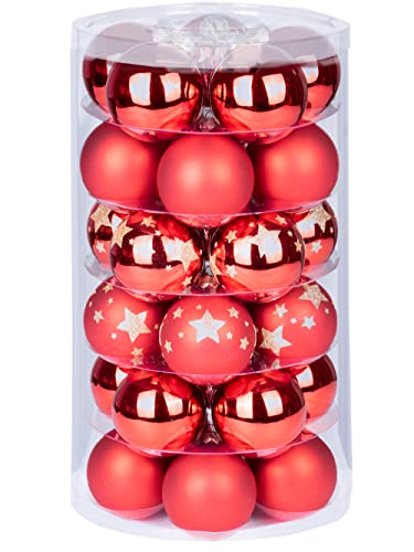 Inge Glas Weihnachtskugeln | Schöne Christbaumkugeln aus Glas | 30 Kugen in Dose | Christbaumschmuck Weihnachtsbaumschmuck Weihnachtsbaumkugeln (Merry Red Sterne | rot) von Inge-glas