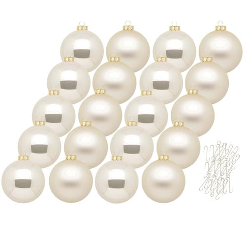 Inge Glas Weihnachtskugeln mit Haken | Schöne Christbaumkugeln aus Glas | Set 20 Kugeln und 40 Aufhänger | Christbaumschmuck Weihnachtsbaumkugeln (Champagne | beige) von Inge-glas