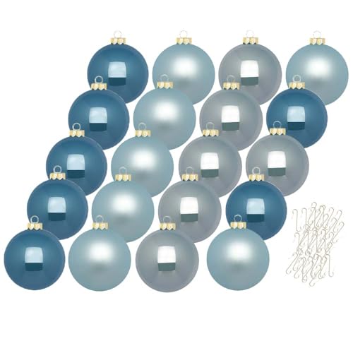 Inge Glas Weihnachtskugeln mit Haken | Schöne Christbaumkugeln aus Glas | Set 20 Kugeln und 40 Aufhänger | Christbaumschmuck Weihnachtsbaumkugeln (Elysian Blue | blau) von Inge-glas