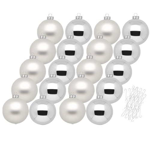 Inge Glas Weihnachtskugeln mit Haken | Schöne Christbaumkugeln aus Glas | Set 20 Kugeln und 40 Aufhänger | Christbaumschmuck Weihnachtsbaumkugeln (Frosty Silver | Silber weiß) von Inge-glas