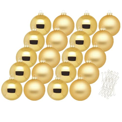 Inge Glas Weihnachtskugeln mit Haken | Schöne Christbaumkugeln aus Glas | Set 20 Kugeln und 40 Aufhänger | Christbaumschmuck Weihnachtsbaumkugeln (Inkagold) von Inge-glas